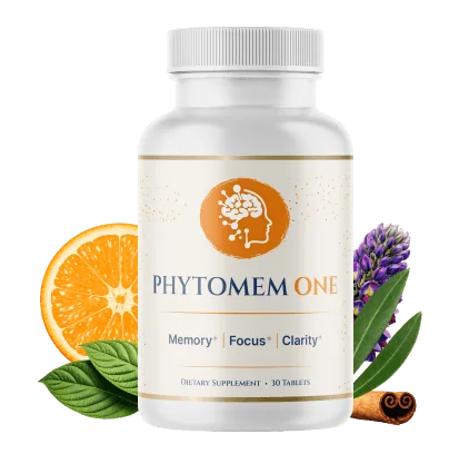 Phytomem One bottle of 30 chewable tablets with an orange slice, lavender and cinnamon